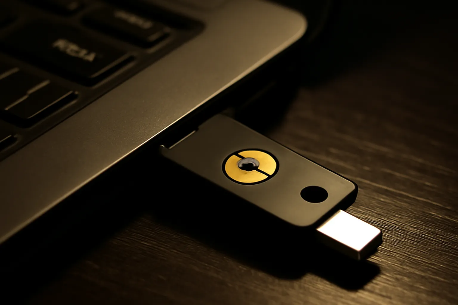 Clé de sécurité physique USB de type YubiKey branchée sur un ordinateur portable