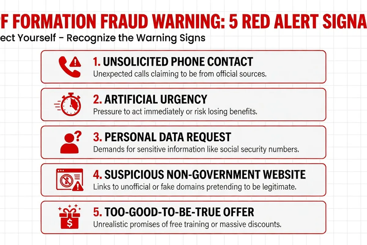 Infographie des 5 signaux d'alerte d'une arnaque CPF avec icônes d'avertissement