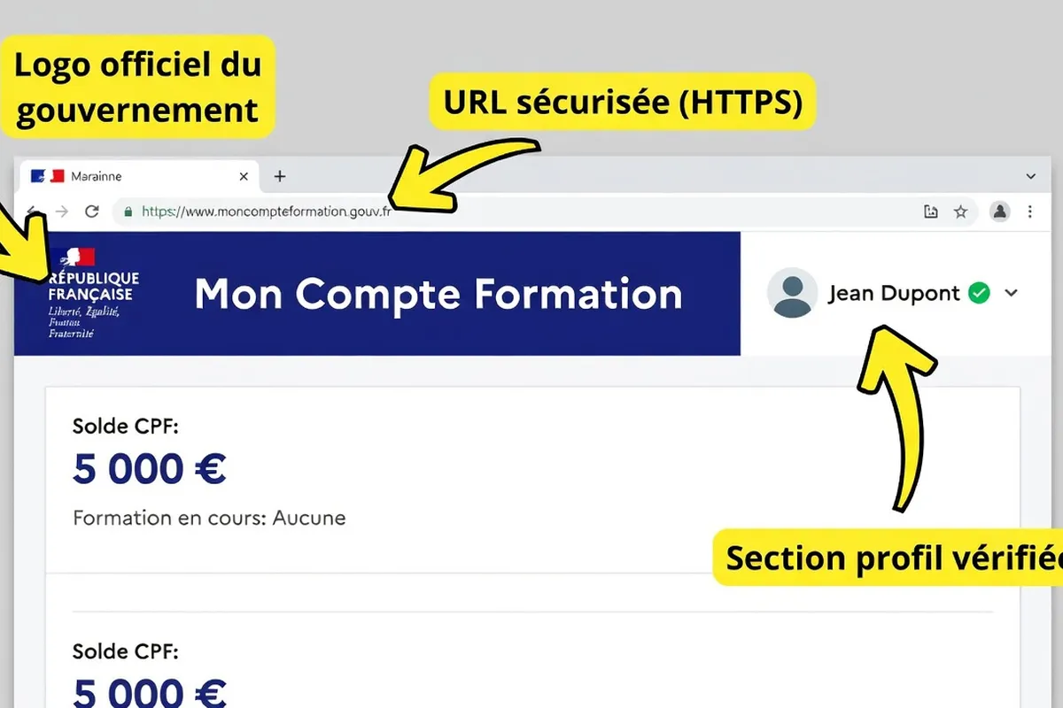 Capture simulée de l'interface Mon Compte Formation avec les sections importantes encadrées