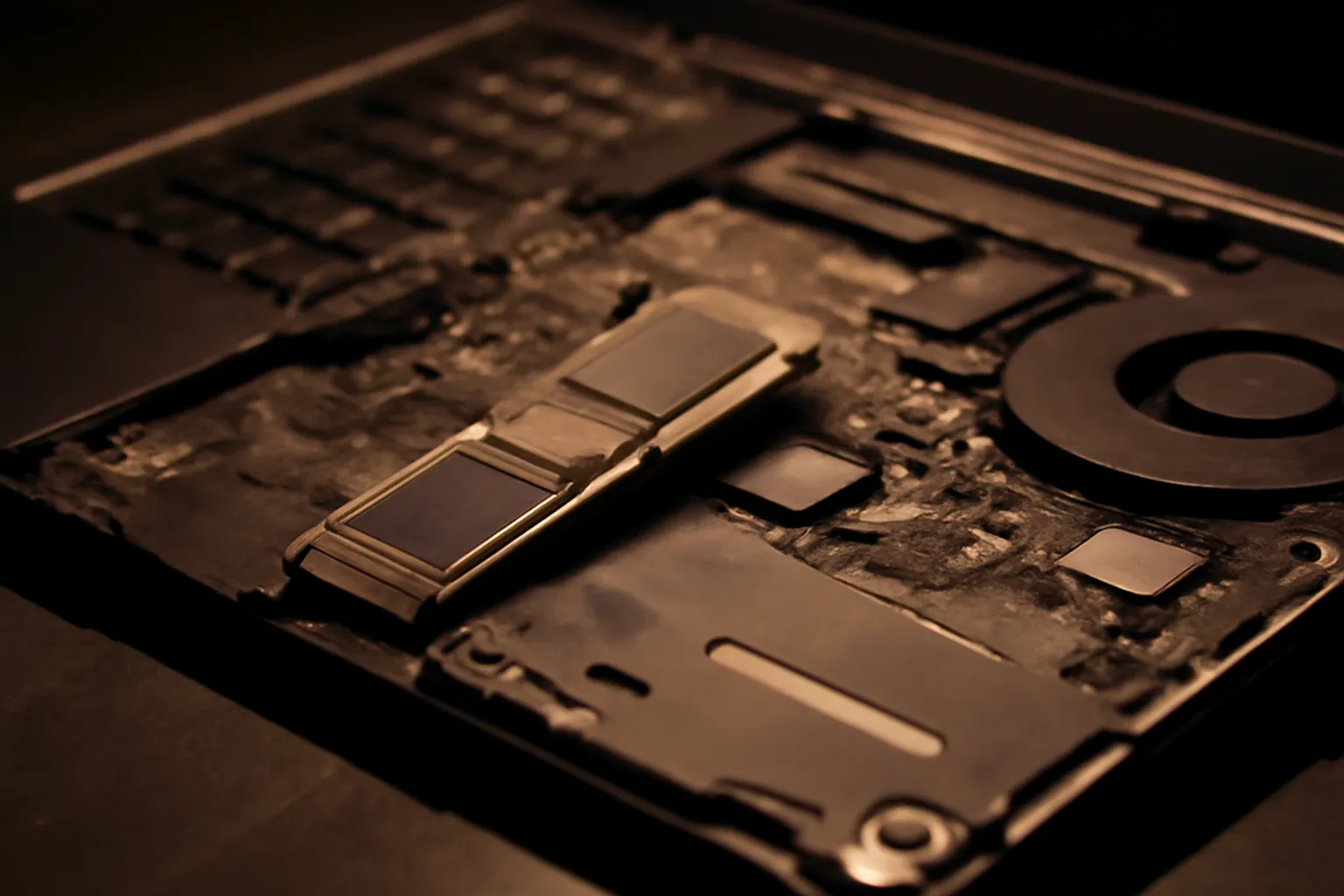 Disque dur SSD retiré d’un ordinateur portable démonté sur une table