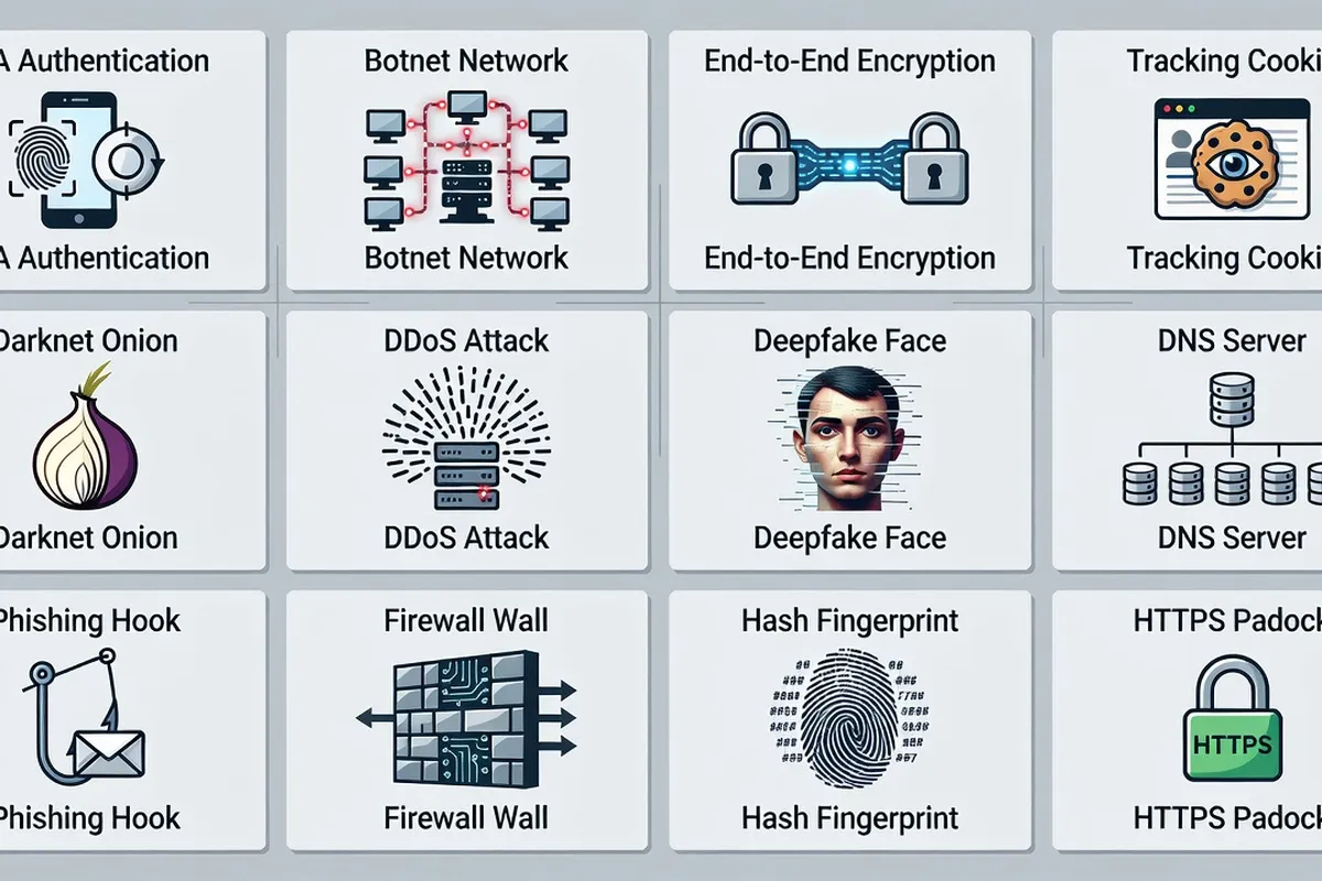 Grille visuelle des 15 premiers termes du lexique cybersécurité avec pictogrammes : 2FA, botnet, chiffrement, cookie, darknet, DDoS, deepfake, DNS, phishing, firewall, hash, HTTPS, malware, ransomware, VPN
