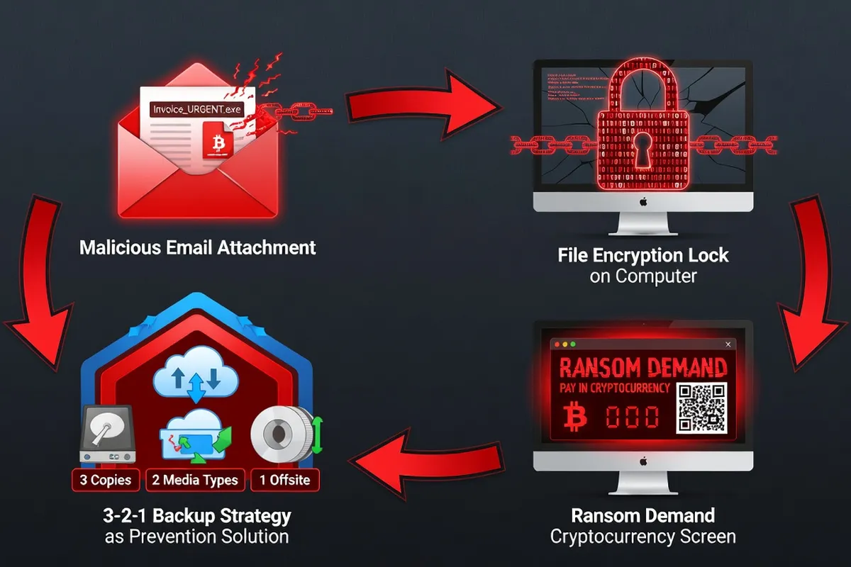 Schéma du cycle d'une attaque ransomware : infection via pièce jointe, chiffrement des fichiers, message de rançon, recommandations de sauvegarde 3-2-1 comme solution préventive