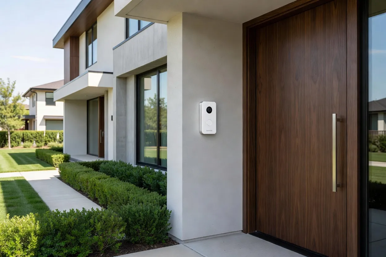Caméra de surveillance connectée installée sur une façade de maison