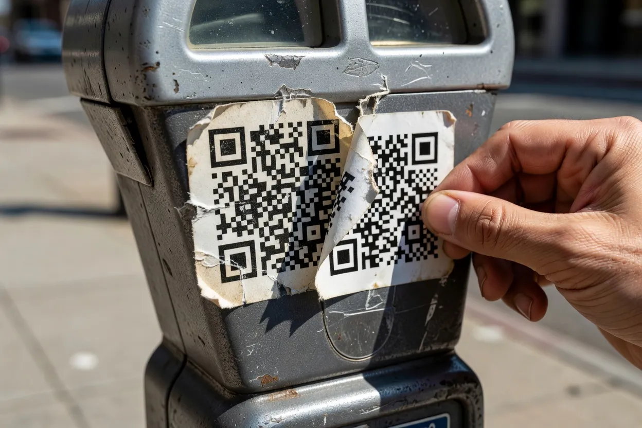 Autocollant QR code frauduleux collé sur un parcmètre
