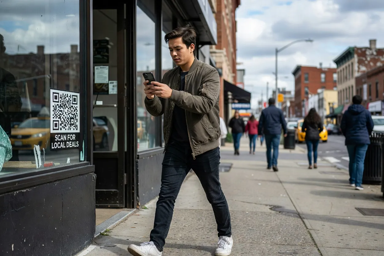 Personne scannant un QR code avec son smartphone dans la rue