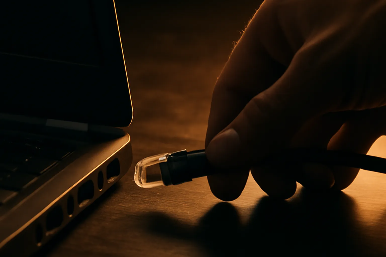 Câble réseau Ethernet débranché d’un ordinateur portable en urgence