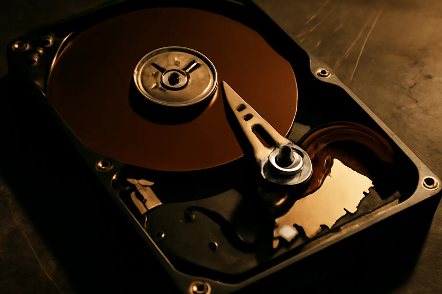 Disque dur mécanique ouvert montrant le plateau magnétique et la tête de lecture