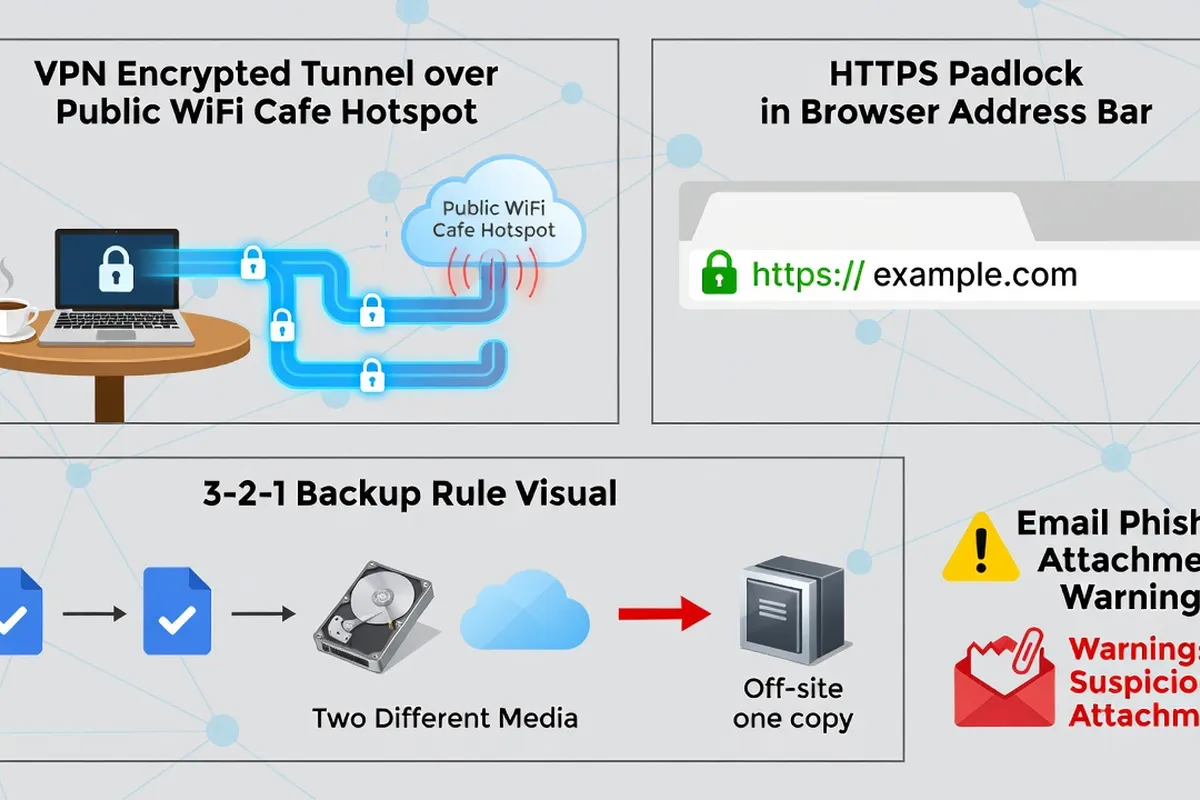 Illustration des réflexes 4 à 7 : tunnel VPN chiffré sur réseau Wi-Fi public, cadenas HTTPS dans barre d'adresse, schéma sauvegarde 3-2-1, avertissement pièce jointe malveillante