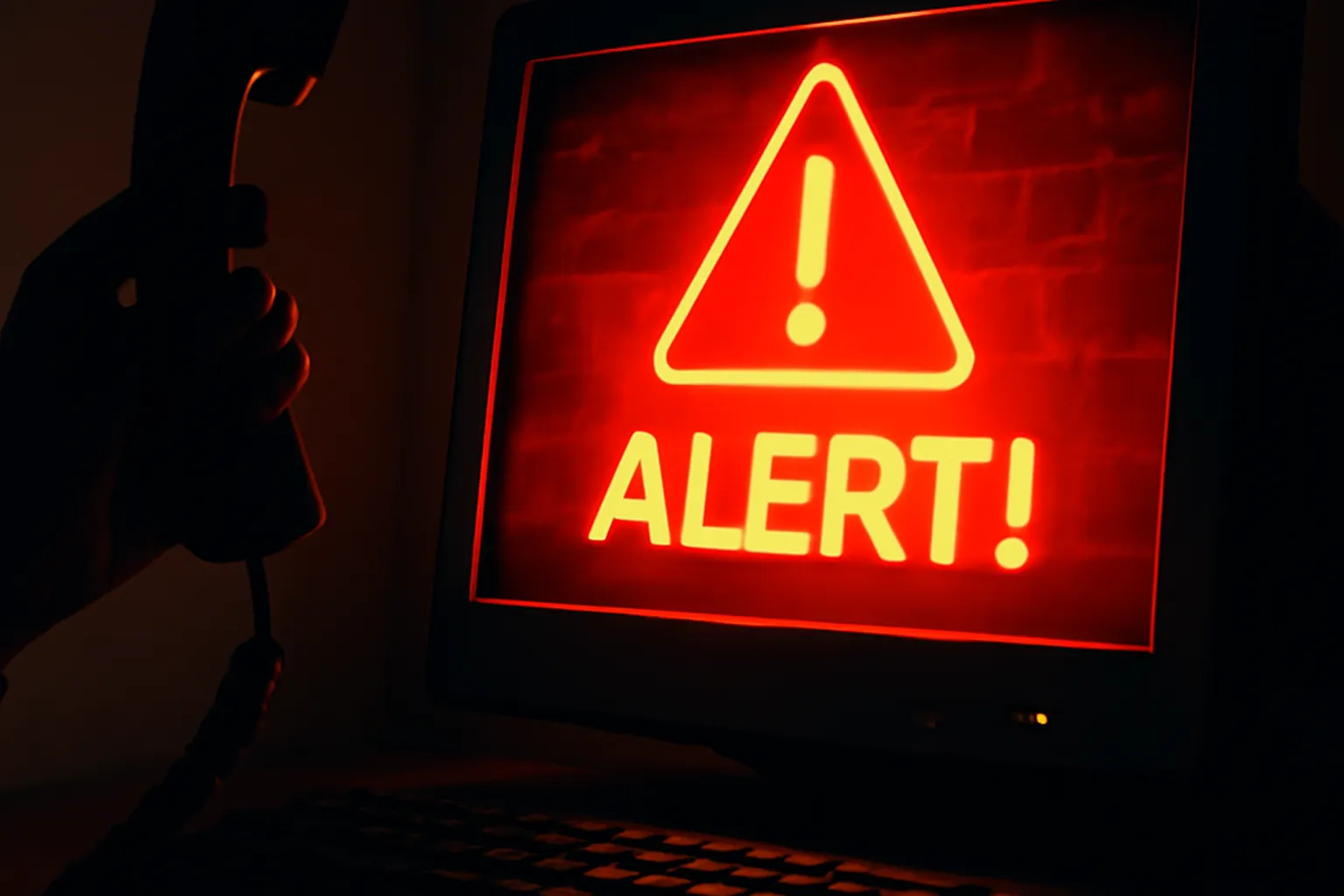 Capture d'écran sombre montrant un faux pop-up d'alerte Microsoft en français avec un numéro 1-800 affiché en gros, illustration documentaire d'une arnaque au support technique