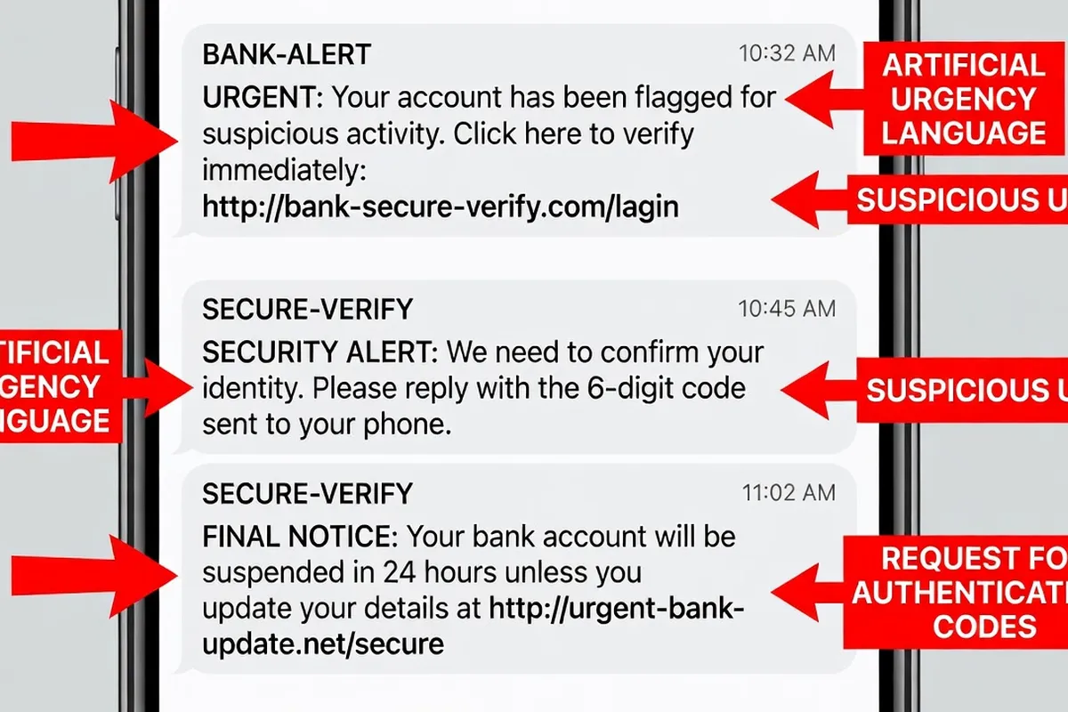Montage illustrant des exemples de SMS frauduleux type arnaque bancaire avec les marqueurs d'alerte annotés : urgence, lien douteux, demande de code