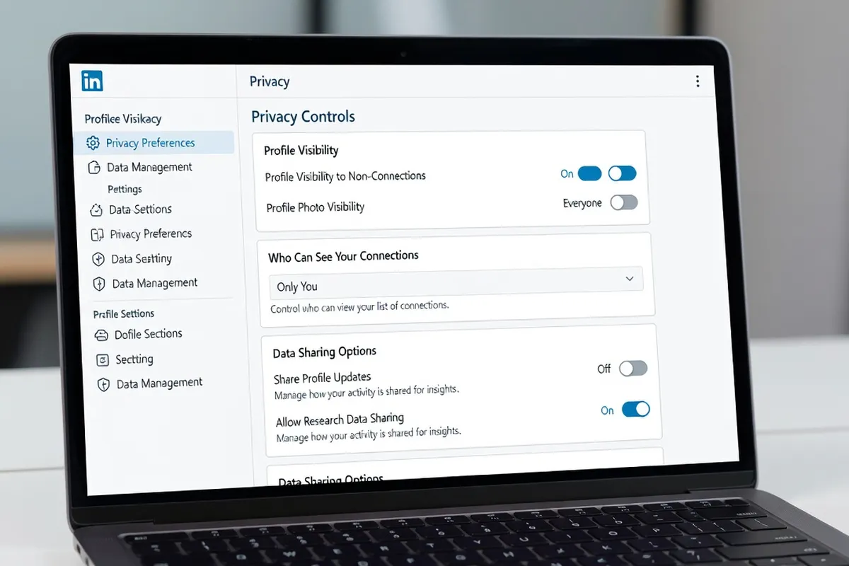 Schéma illustrant un profil LinkedIn avec des icônes de données exposées — cadenas ouvert, œil, flèches de partage — sur fond bleu corporatif