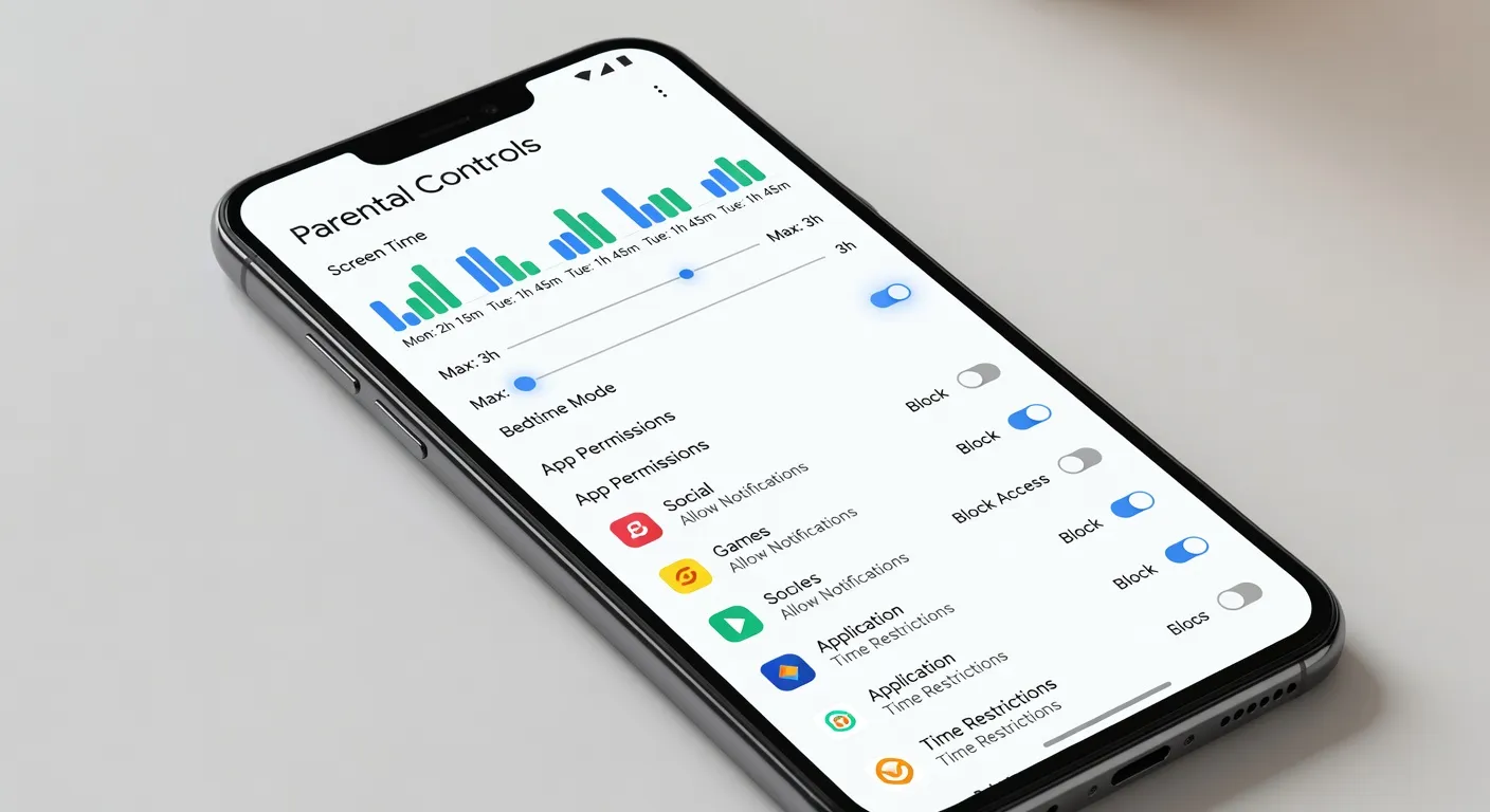 Écran Android avec Google Family Link ouvert, paramètres de contrôle visibles, close-up propre sur fond neutre