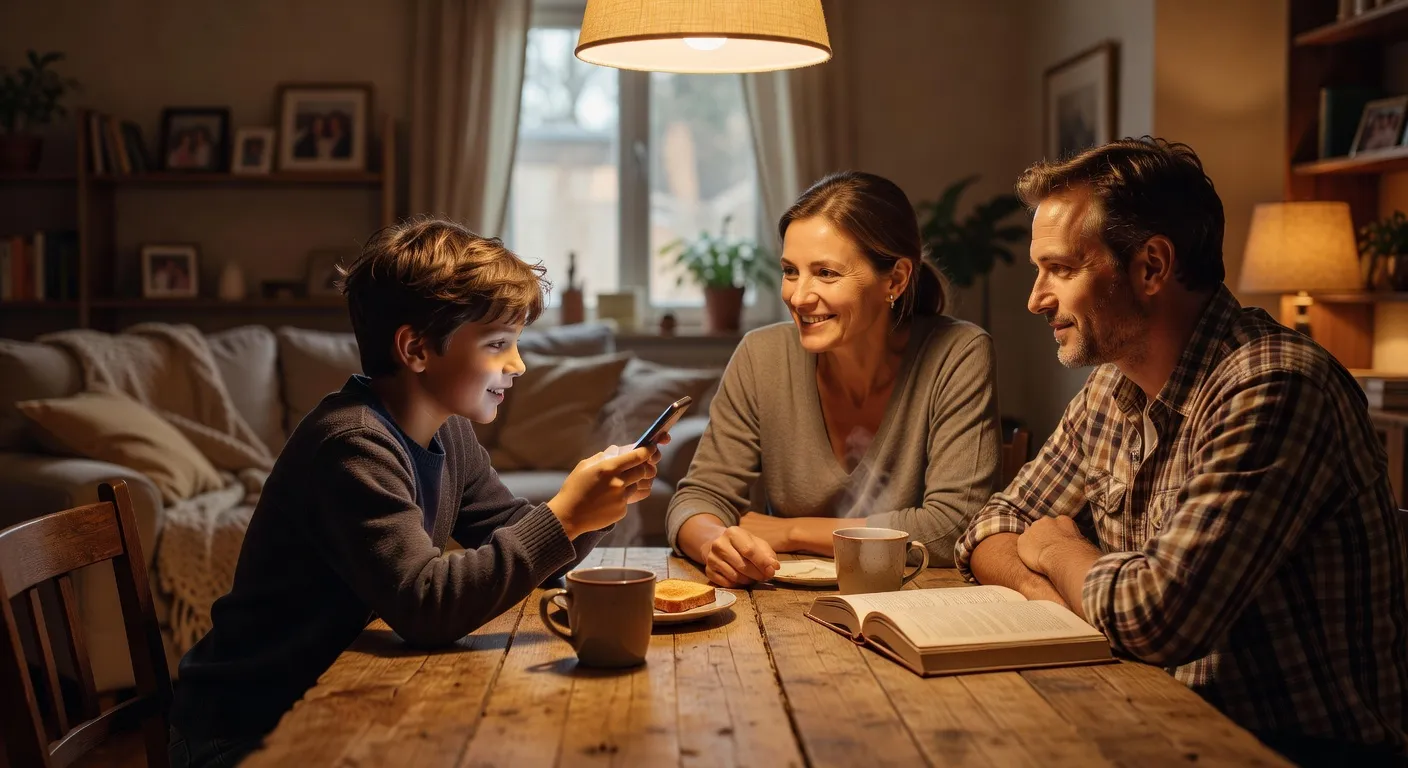 Famille autour d'une table, enfant montrant son téléphone à un parent, ambiance conversation ouverte, éclairage chaleureux