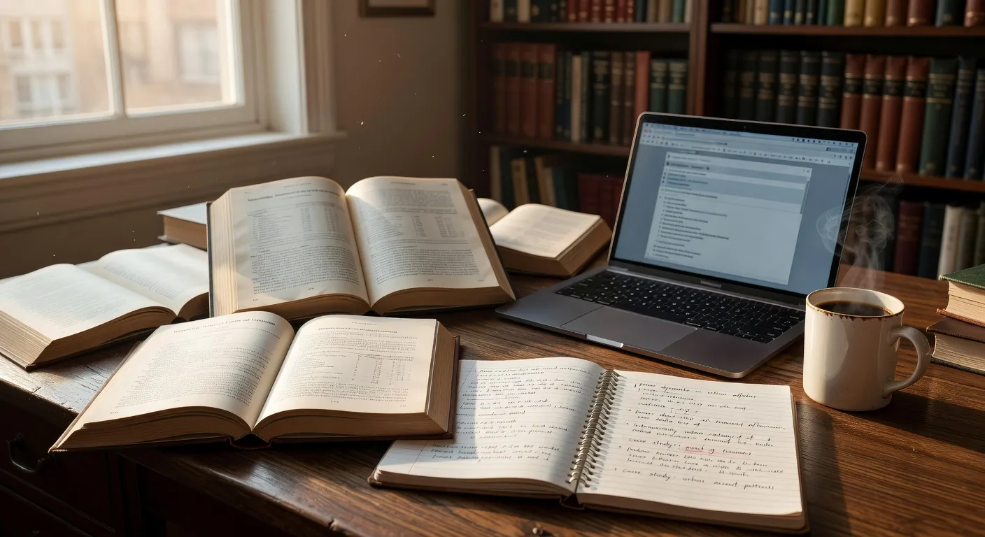 Bureau éditorial avec dossiers de victimologie ouverts, blocs-notes annotés et tasse de café, ambiance feutrée