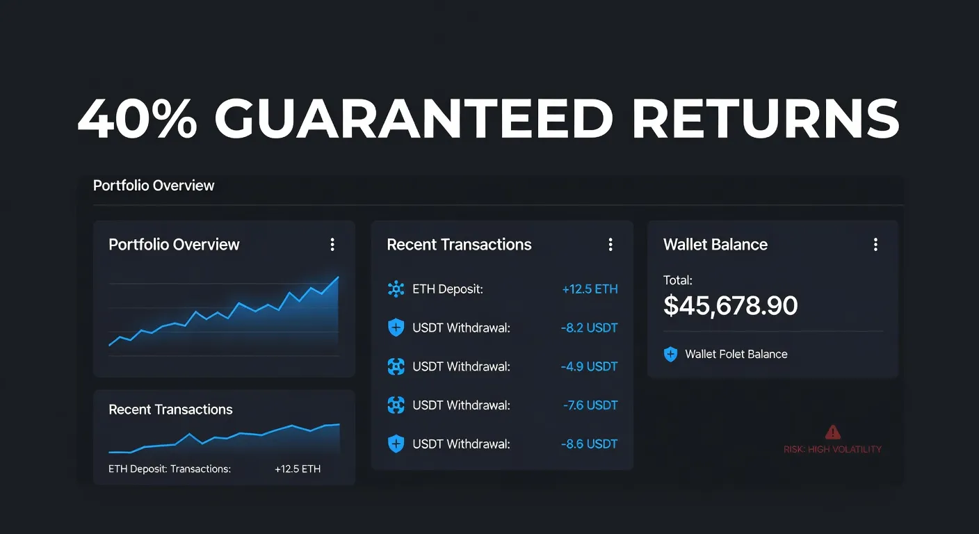 Interface fictive d'une plateforme crypto frauduleuse promettant 40 % de rendement garantis