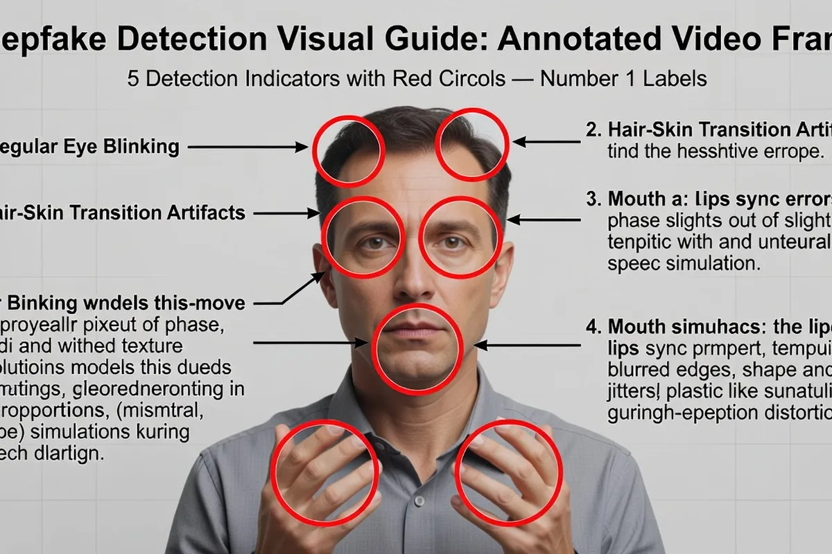 Schéma des 5 indices visuels de détection d'un deepfake : clignotement des yeux, zone de transition cheveux/peau, cohérence d'éclairage, synchronisation labiale, artefacts mains et dents
