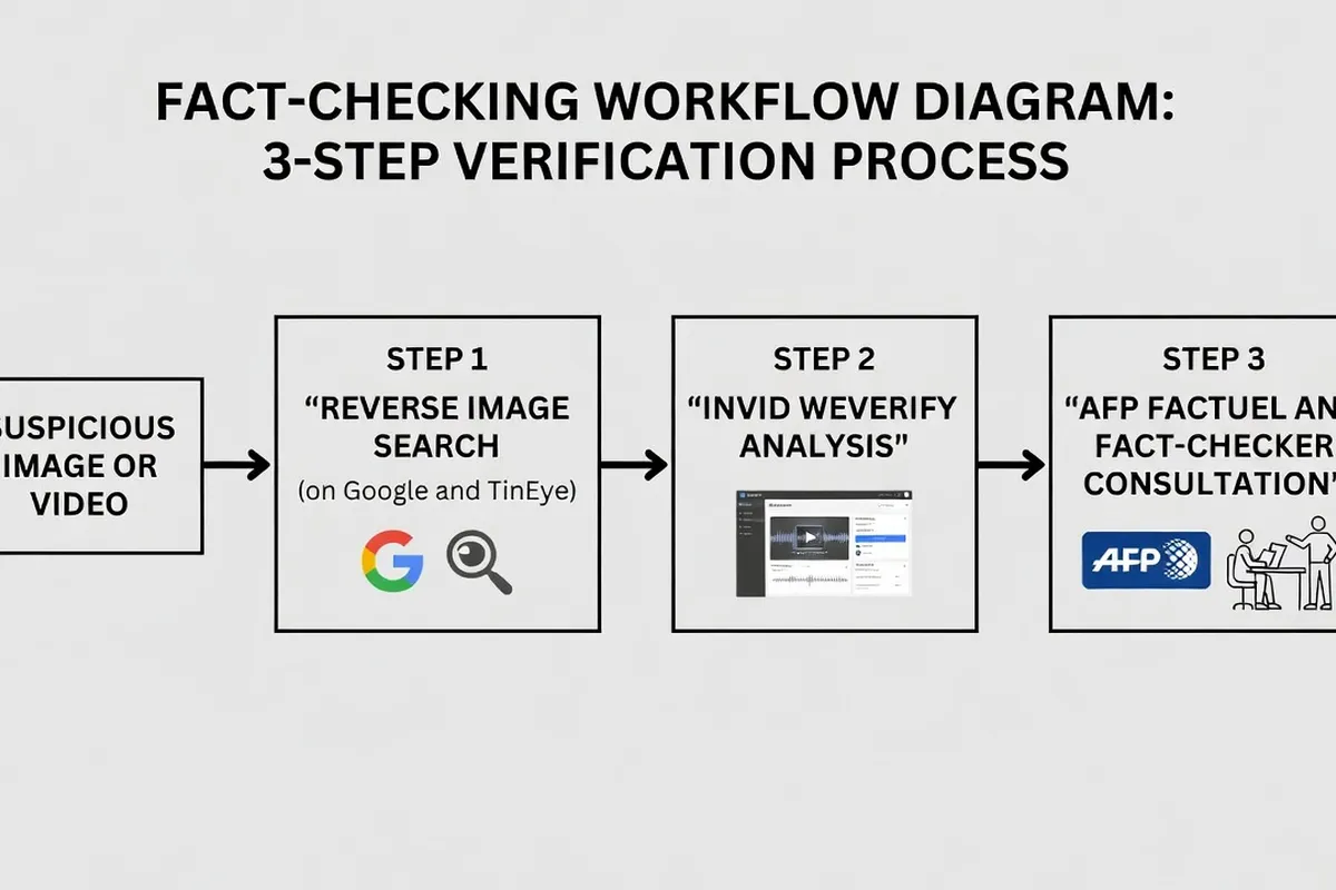 Schéma des 3 étapes de vérification d'une image ou vidéo suspecte : recherche inversée (Google/TinEye/Yandex), analyse via InVID/WeVerify, consultation des fact-checkers AFP Factuel et Libération Checknews