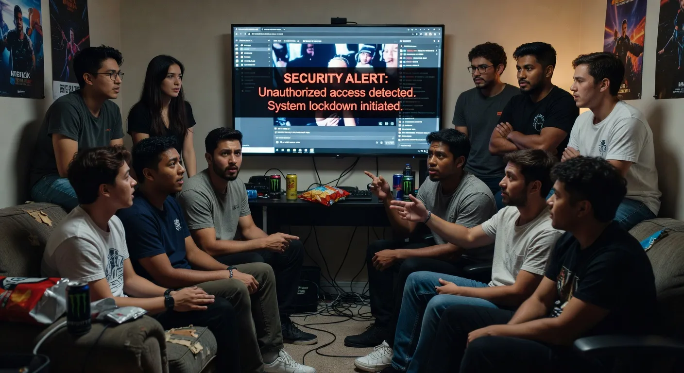 Illustration éditoriale montrant un écran d'ordinateur avec l'interface Discord ouverte et une fenêtre d'alerte de sécurité, style sombre avec lumières bleutées caractéristiques d'un poste de travail informatique nocturne