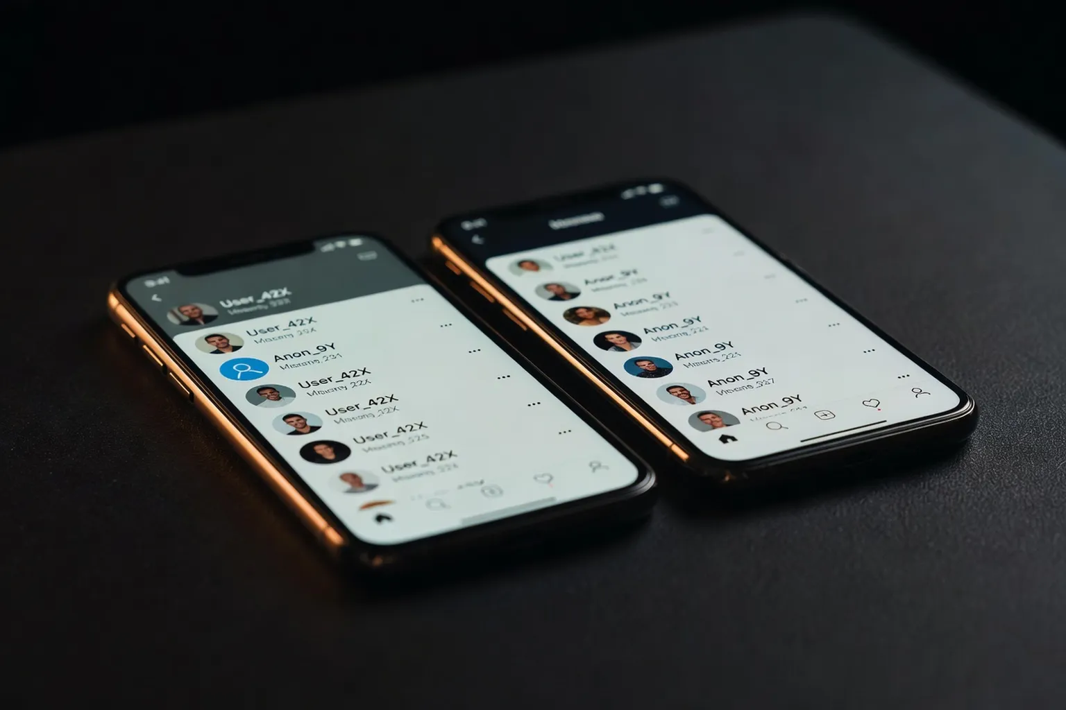 Deux smartphones côte à côte affichant deux profils Instagram presque identiques, l'un authentique et l'autre cloné, avec des biographies différentes