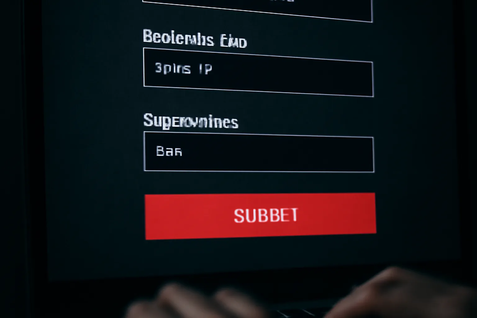 Écran d'ordinateur affichant une page web frauduleuse de demande de coordonnées bancaires sur fond sombre, illustration documentaire d'une fraude en ligne