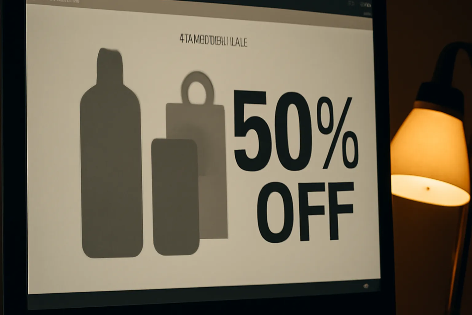 Capture stylisée d'une publicité Facebook frauduleuse annonçant une fermeture définitive avec produits soldés, fond sombre éditorial