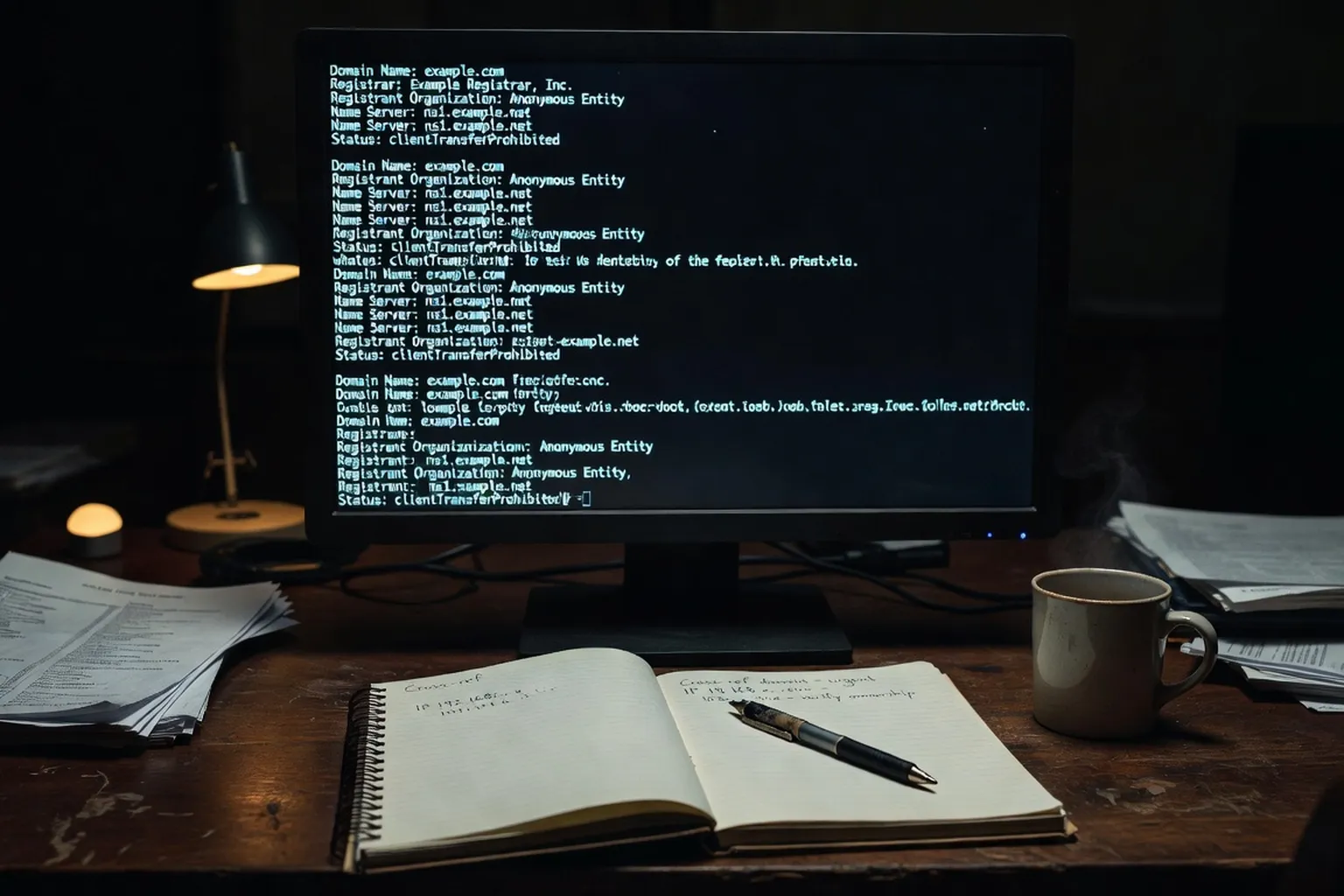 Photographie éditoriale en plongée d'un écran d'ordinateur affichant une page de signalement d'abus et un message de site désactivé, lumière bureau