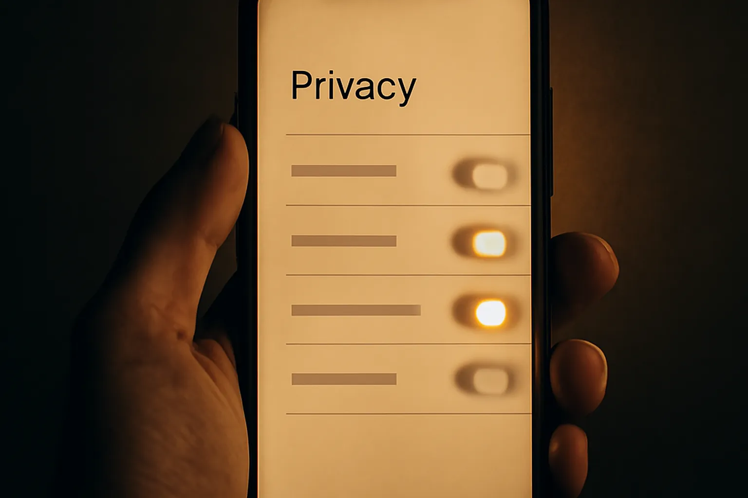 Capture stylisée d'un écran de smartphone affichant les paramètres de confidentialité Instagram avec l'option compte privé activée, fond éditorial sombre