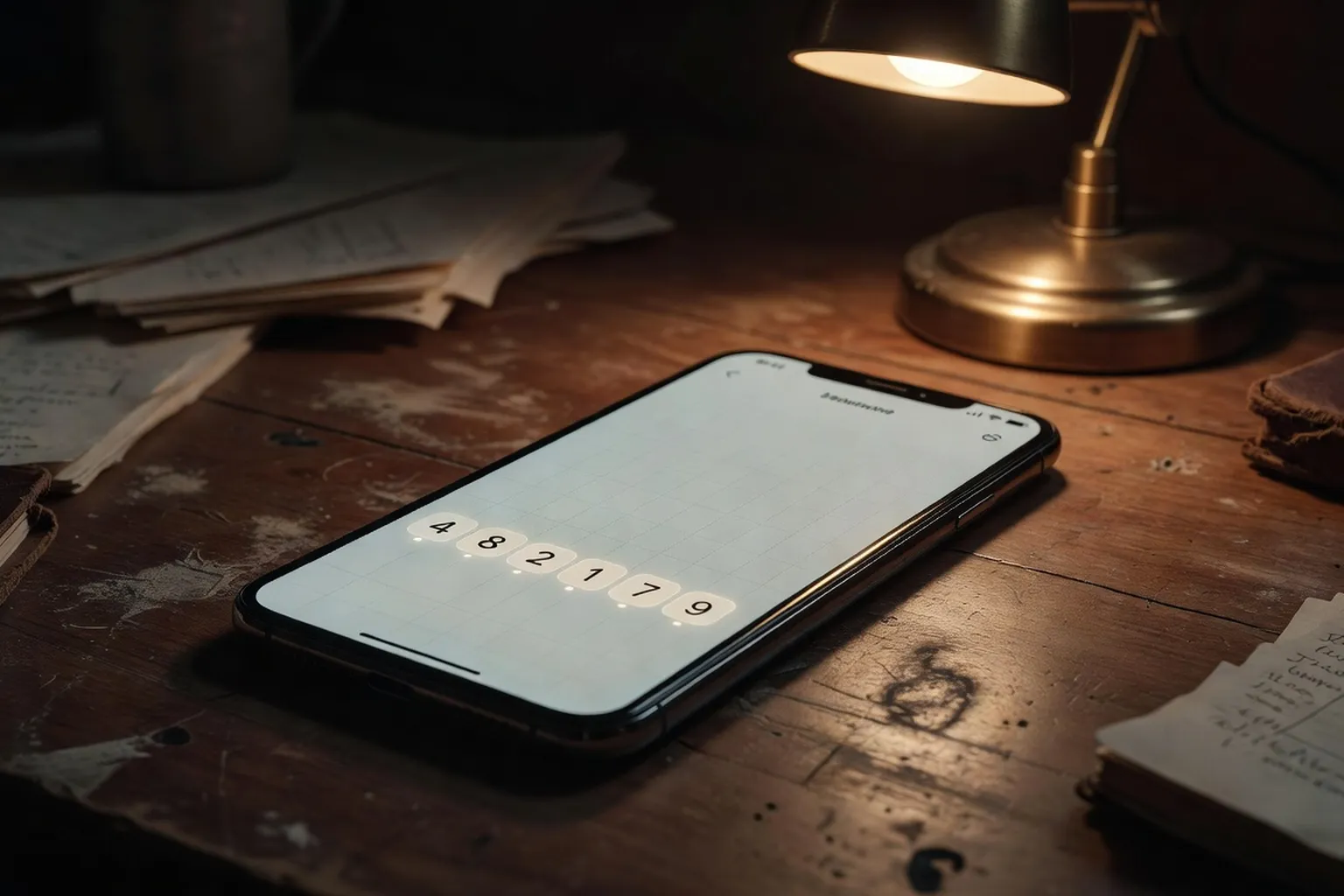 Photographie éditoriale d'un téléphone mobile posé sur un bureau en bois affichant un profil Instagram avec biographie minimaliste, lumière chaude tamisée