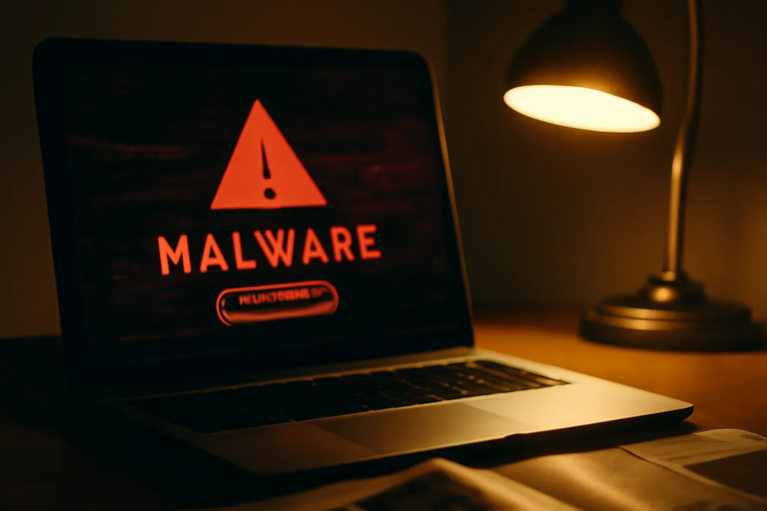 Photographie éditoriale d'un MacBook ouvert affichant une fenêtre de blocage Gatekeeper sur fond de bureau en bois sombre, lumière chaude tamisée