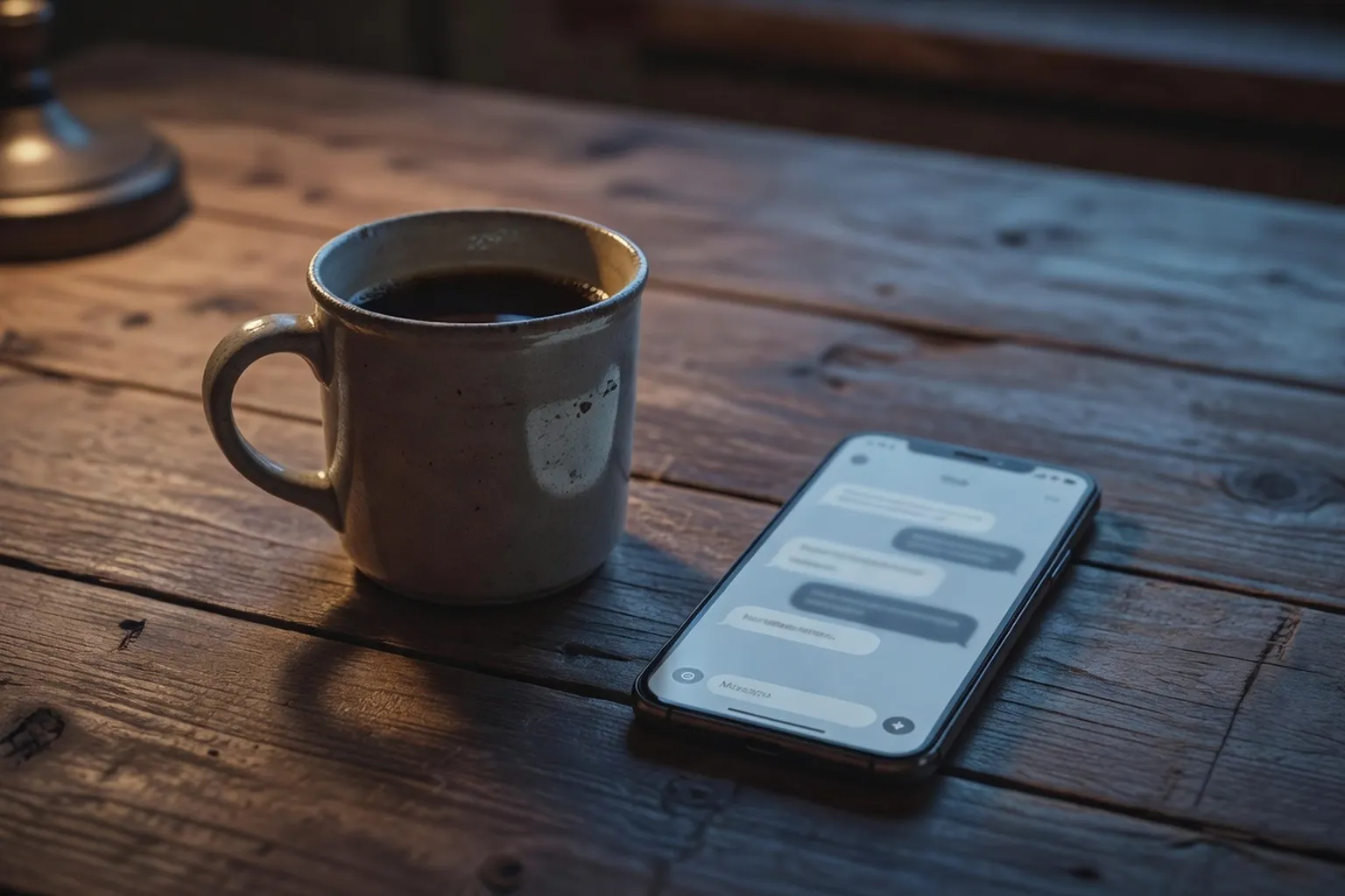 Photographie éditoriale d'un mug de café et d'un téléphone affichant une conversation messagerie sur table en bois, atmosphère intime crépusculaire