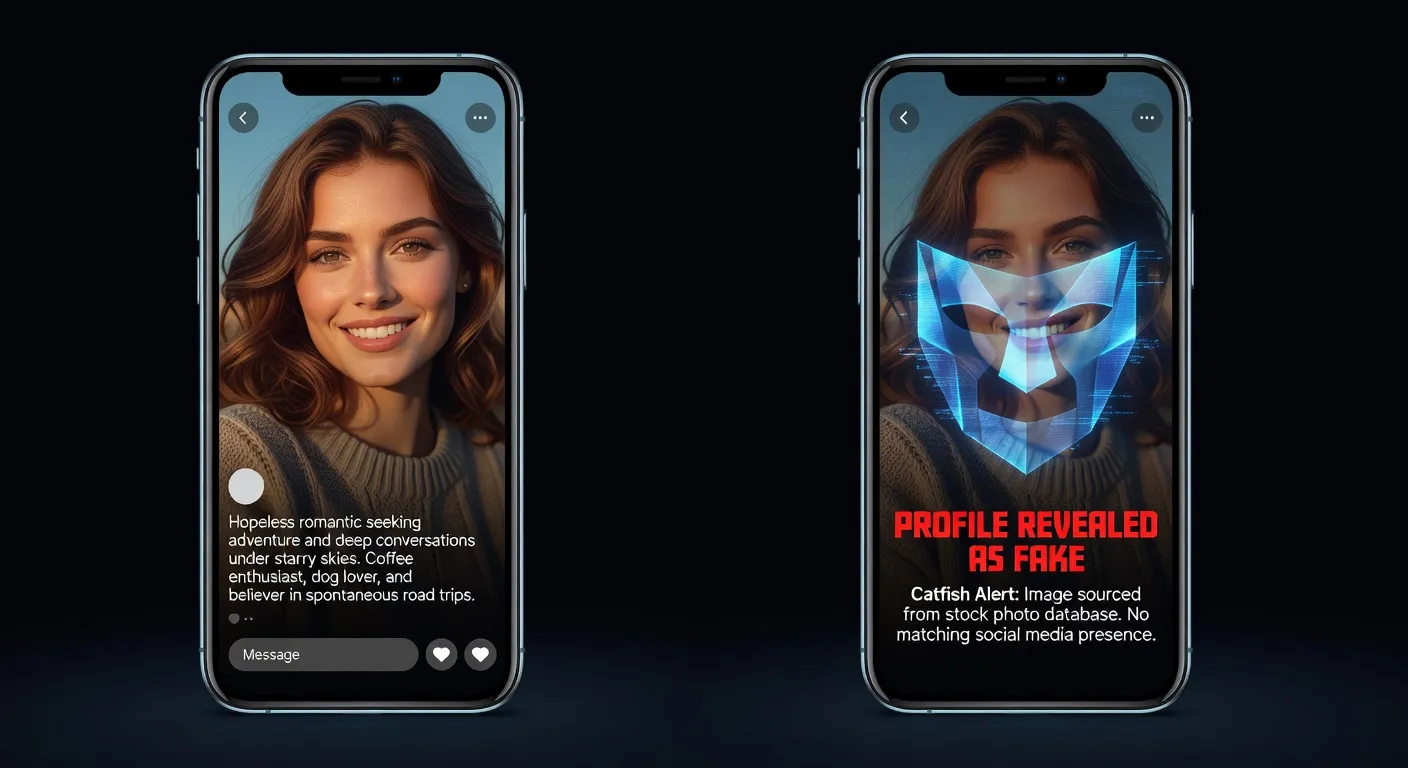 Deux téléphones côte à côte : profil de rencontre séduisant à gauche, même profil révélé fictif à droite avec icône masque