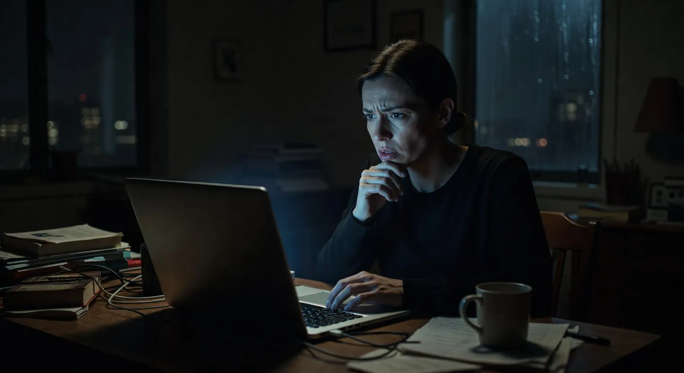 Personne seule la nuit, éclairage d'écran uniquement, expression de doute introspectif