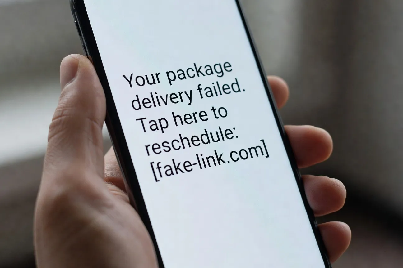 Téléphone affichant un SMS frauduleux avec lien raccourci suspect