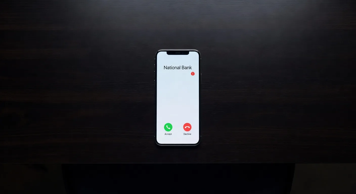 Téléphone posé sur table affichant "Appel entrant : Banque nationale" avec icône d'alerte discrète, vue de dessus, fond sombre