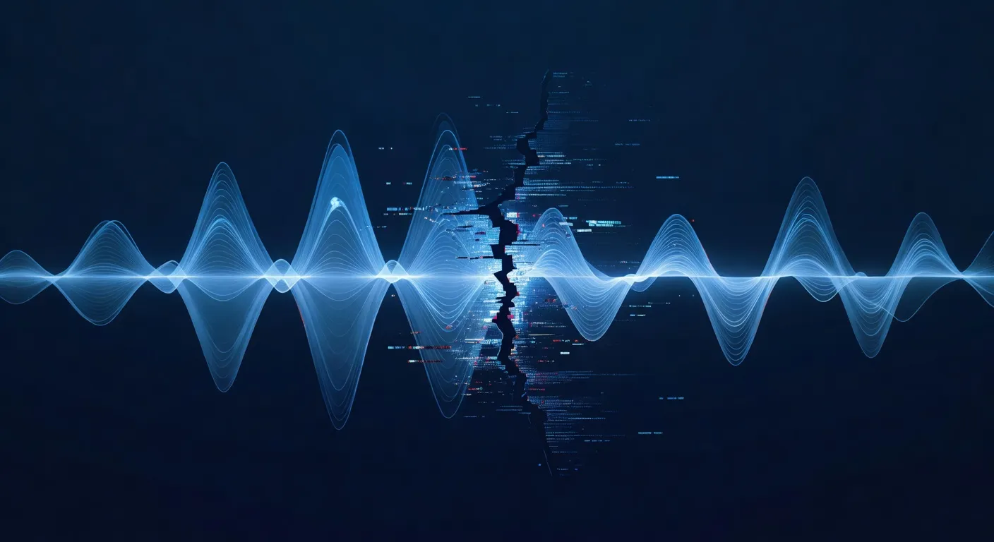 Onde sonore de voix avec distorsion numérique au milieu, illustration de la voix clonée par IA, tons bleutés