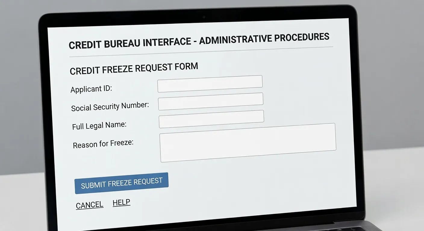 Interface de gel de crédit Equifax affichée sur ordinateur portable, style procédure administrative
