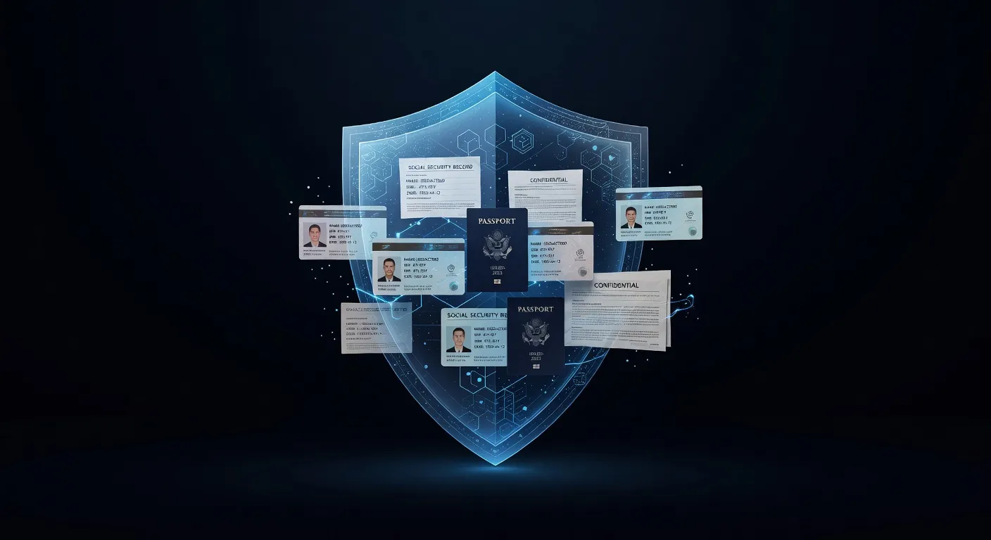 Cartes d'identité et documents personnels protégés par un bouclier numérique, fond sombre, lumière de protection
