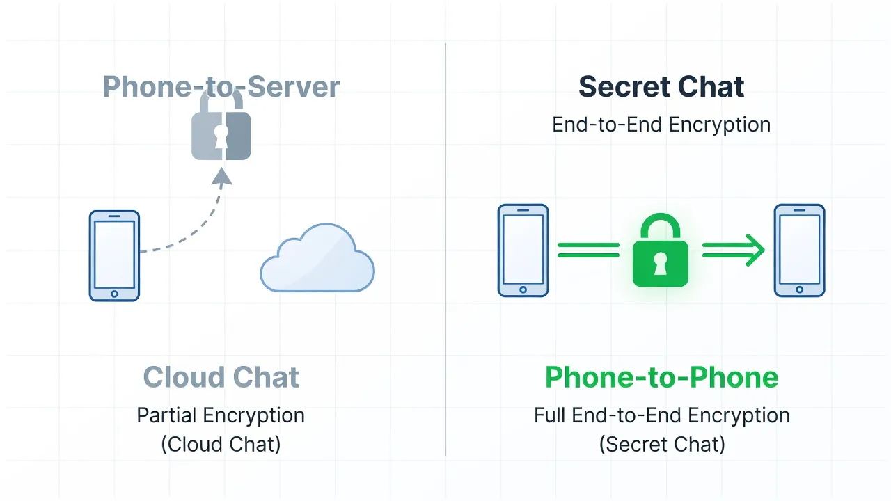 Comparaison entre le chiffrement partiel d'un chat standard Telegram et le chiffrement de bout en bout d'une conversation secrète — schéma illustré