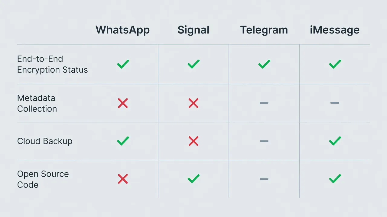 Tableau comparatif des quatre messageries sécurisées : WhatsApp, Signal, Telegram, iMessage — chiffrement, collecte de métadonnées, code ouvert, sauvegardes