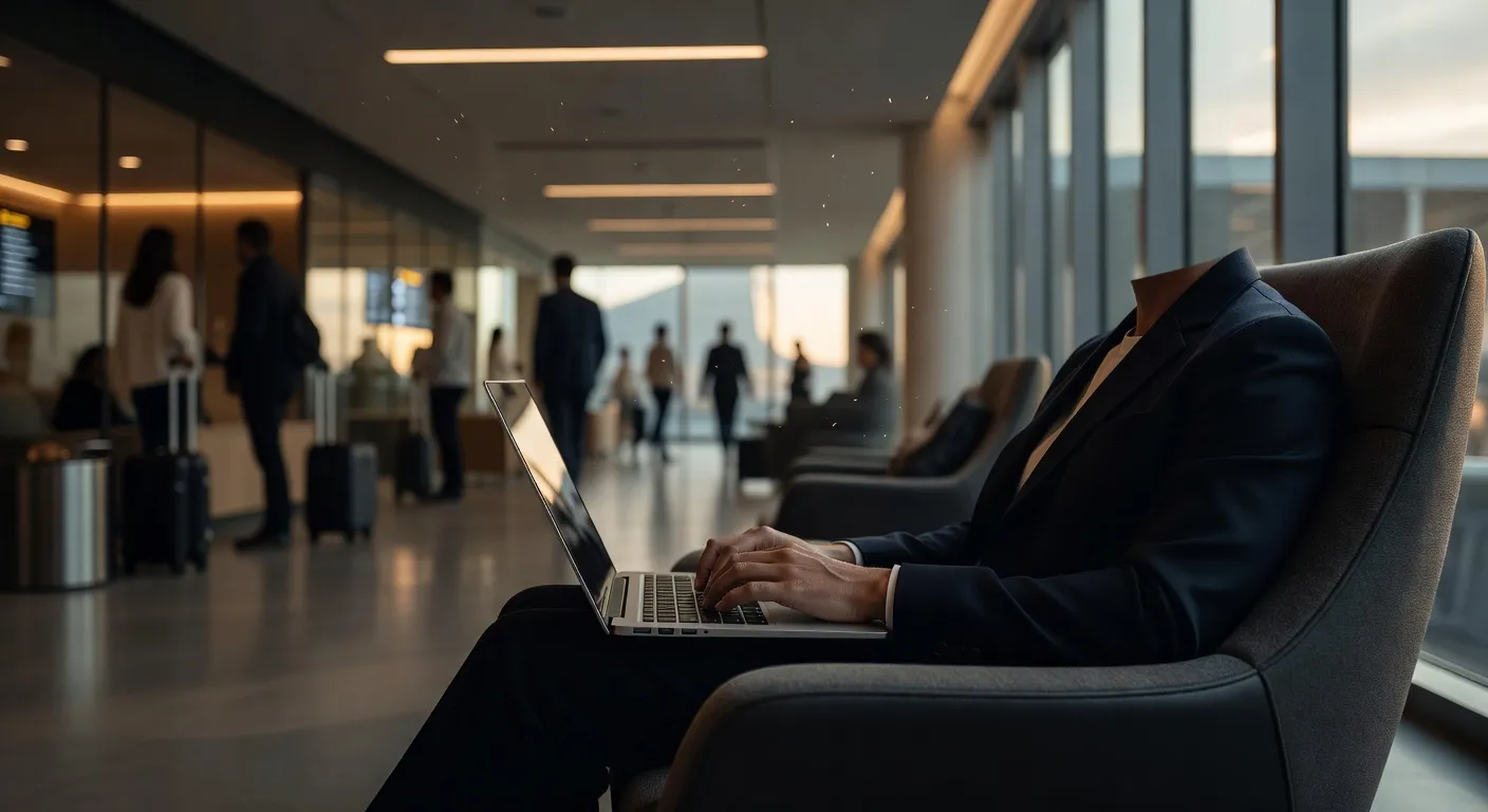 Un voyageur consulte son ordinateur portable dans un aéroport moderne, écrans illustrant des connexions chiffrées et un cadenas vert
